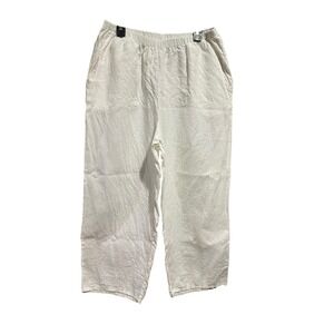 FLAX Pants Women's Large 100% Linen Pant Wide Leg Pockets Elastic White #A13-5